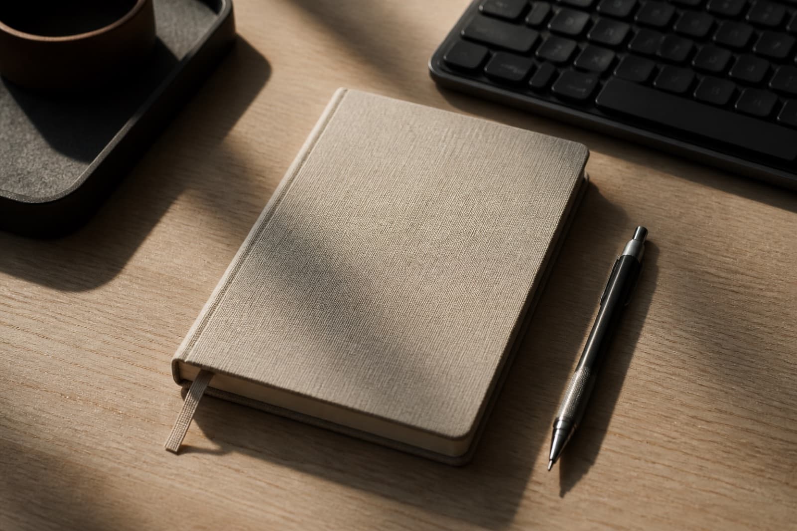 A linen notebook, mechanical pencil, and keyboard in morning light