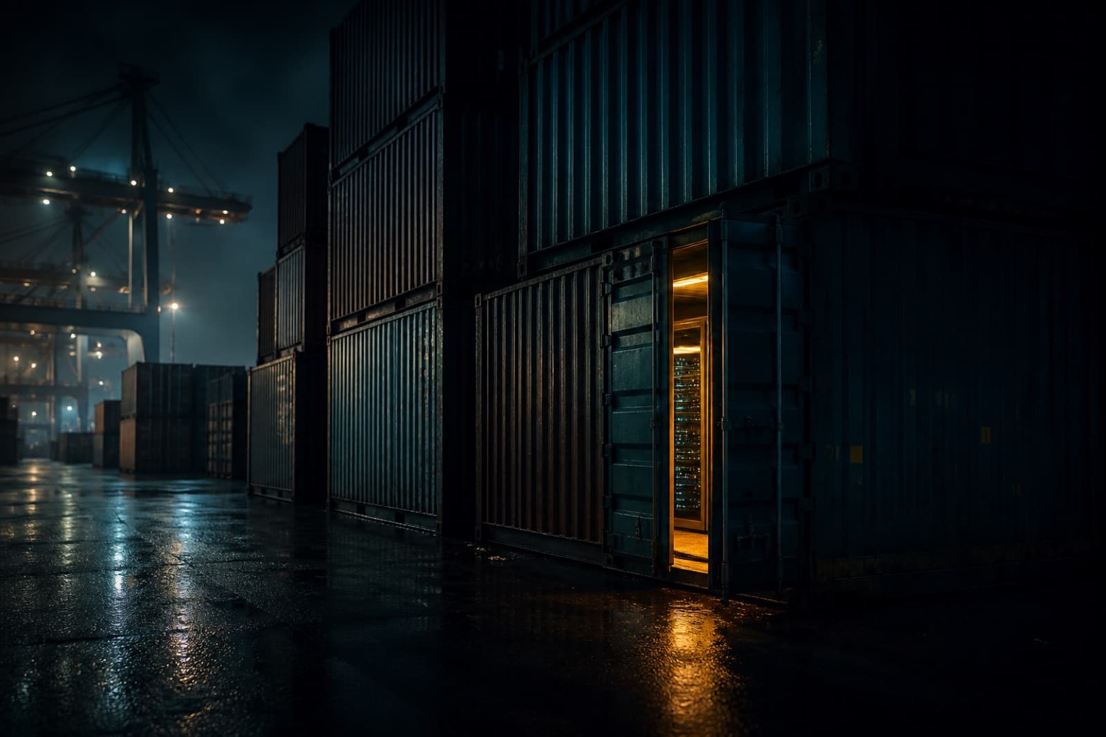 Night shipping containers, one door open onto warm light