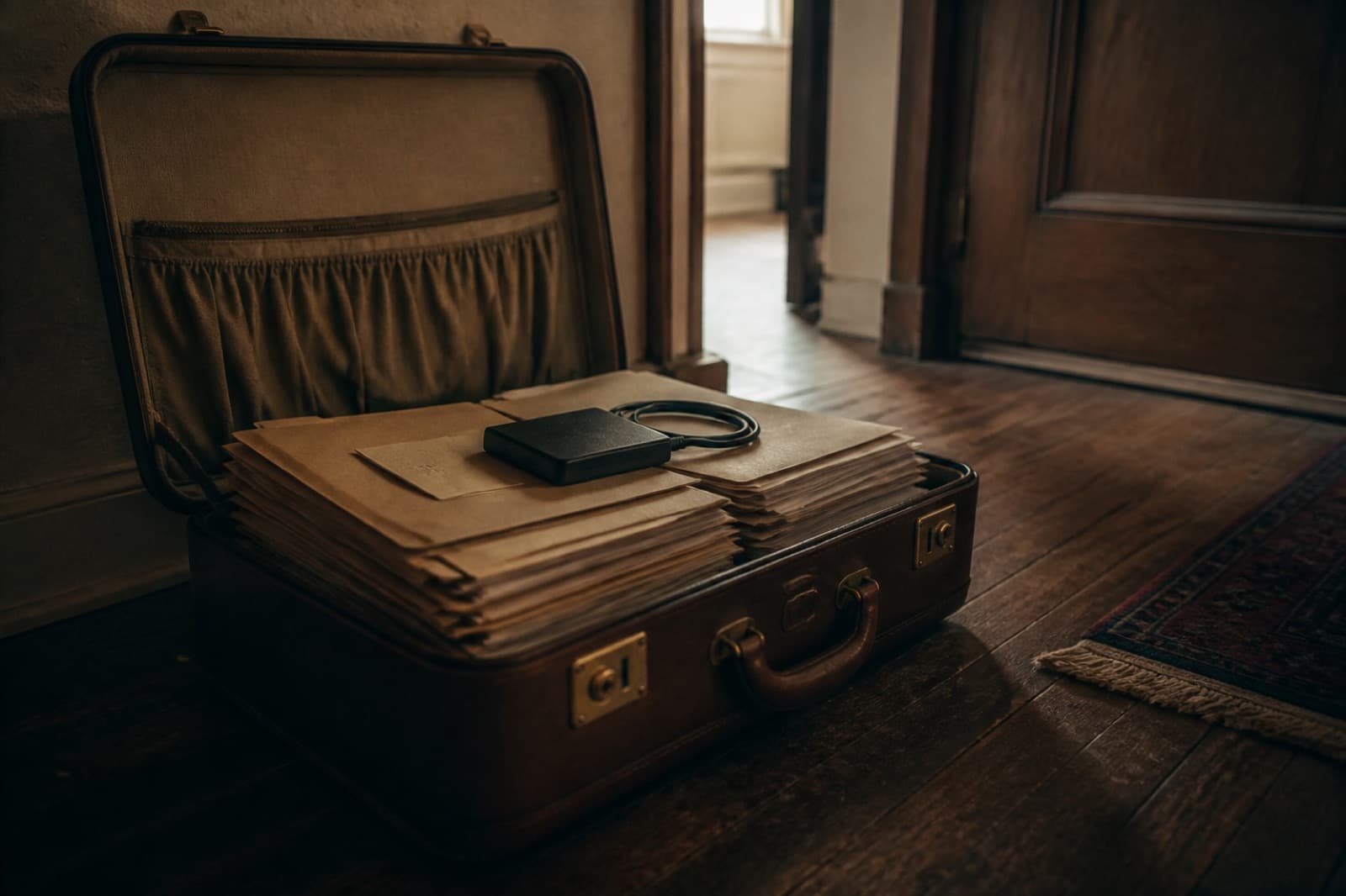 An open suitcase packed with folders and a hard drive in a doorway