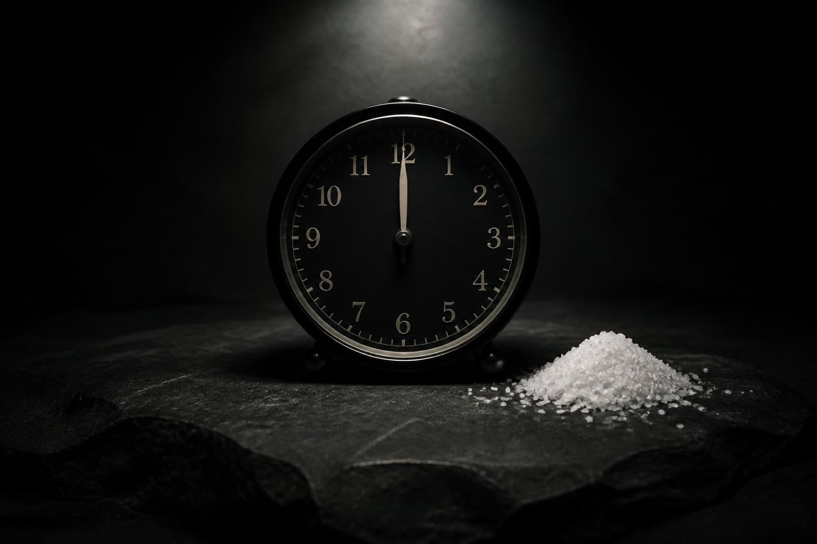 A black analog clock at midnight beside a small pile of white salt
