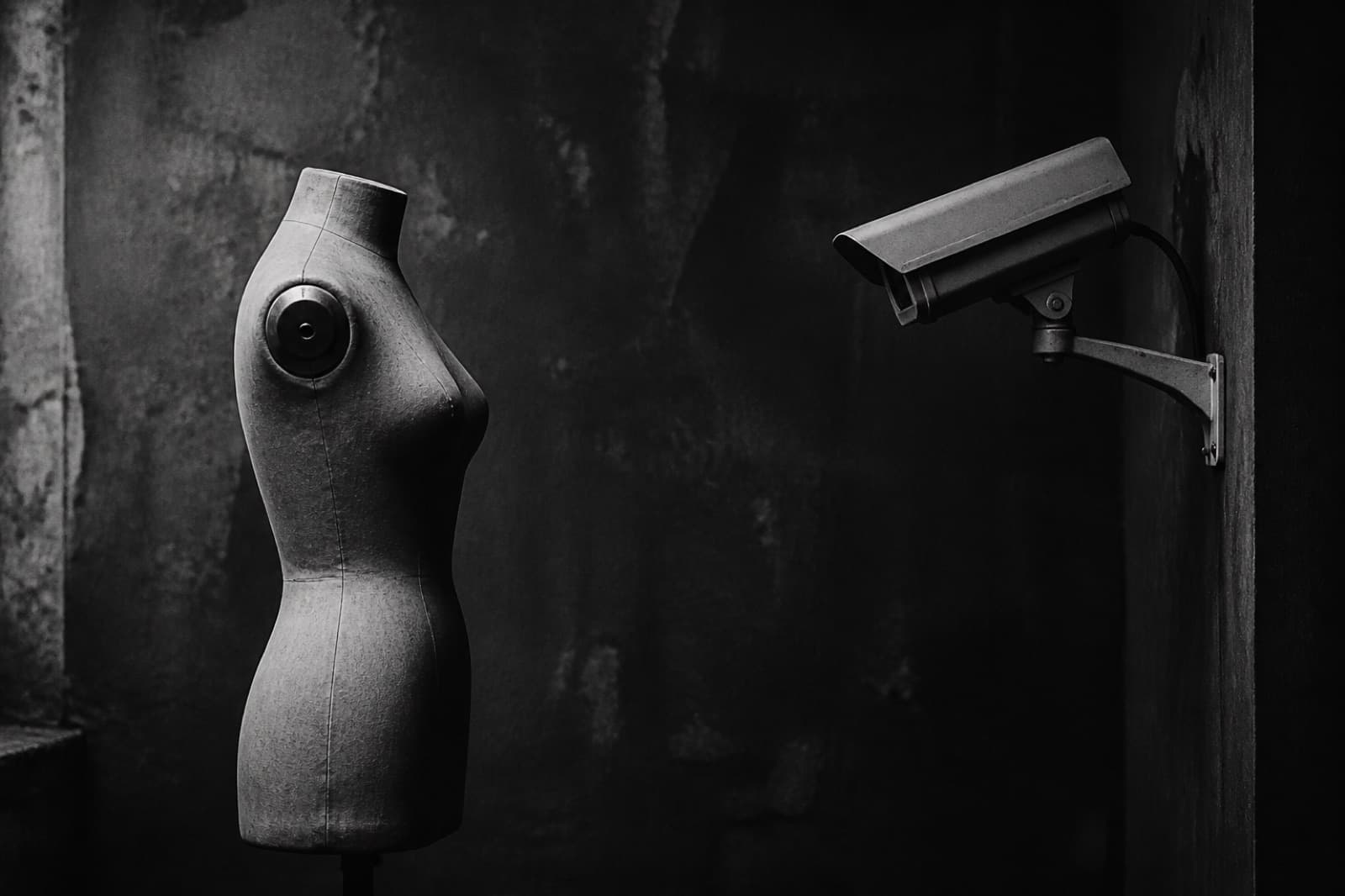 A headless mannequin facing a security camera in a dark studio