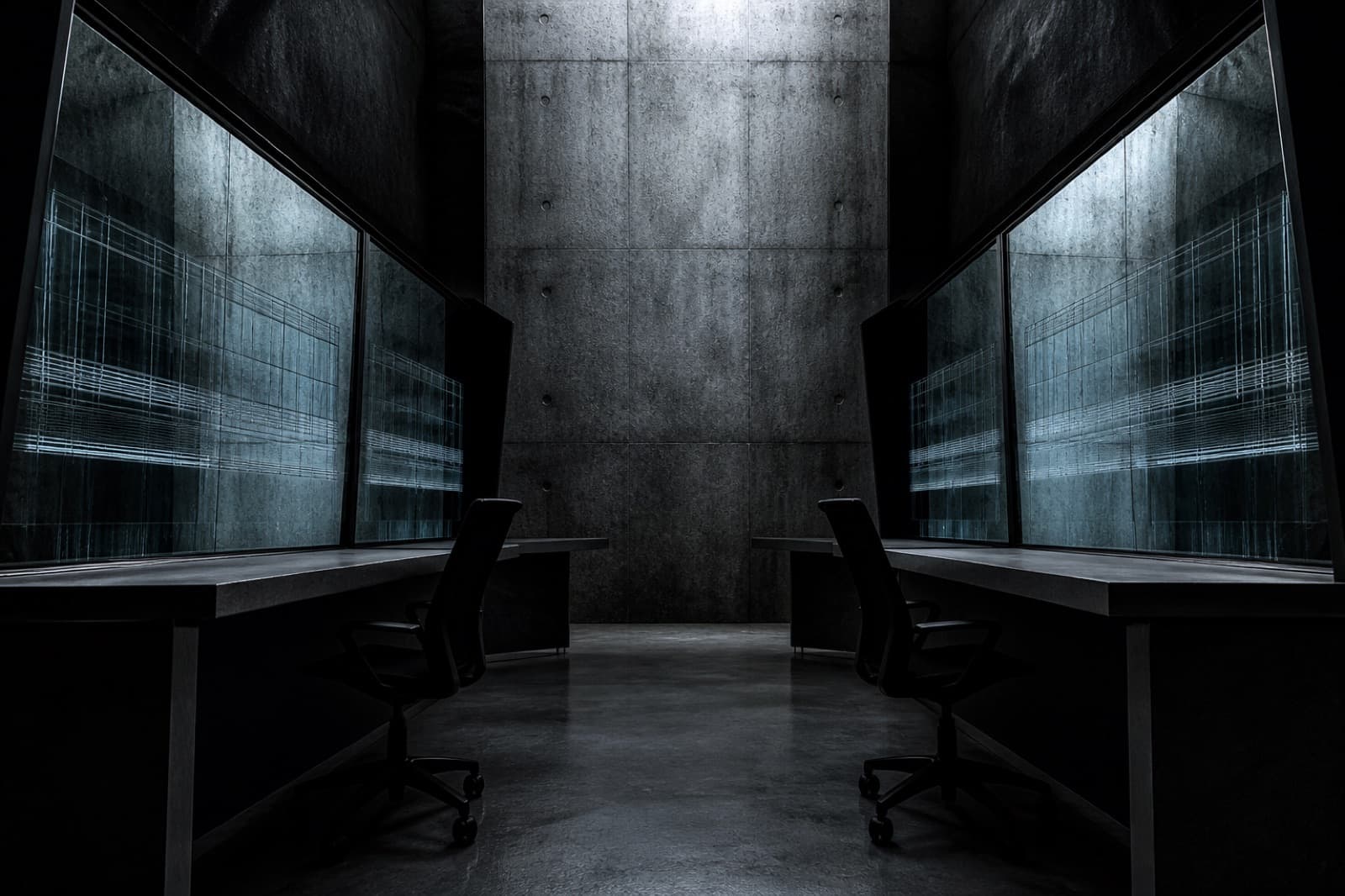 Two computer terminals facing each other in a dark room