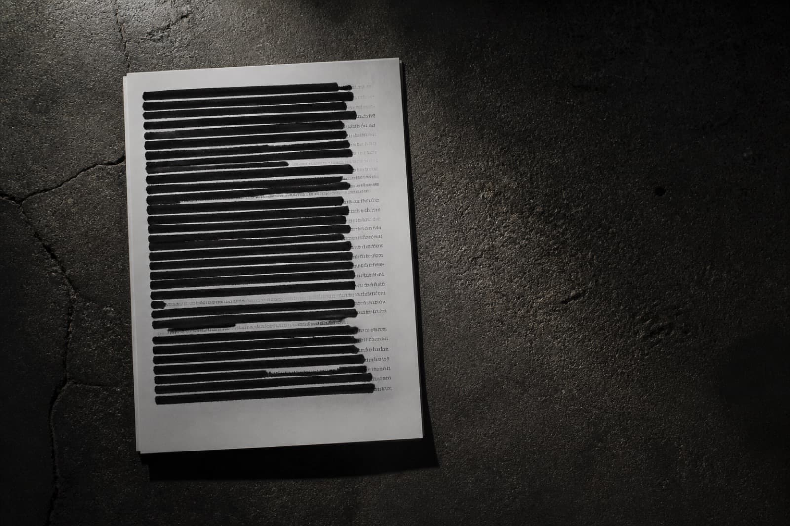 A printed page almost entirely covered in black redaction bars